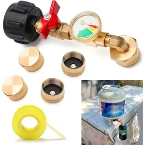 Refill Adapter with Valve and Gauge, QCC1 / Type1  Refill Elbow Adapter 1lb to 20lb  Tank Adapter with 1 LB  Bottle Cap and Roll Sealing Tape for Camping Gill