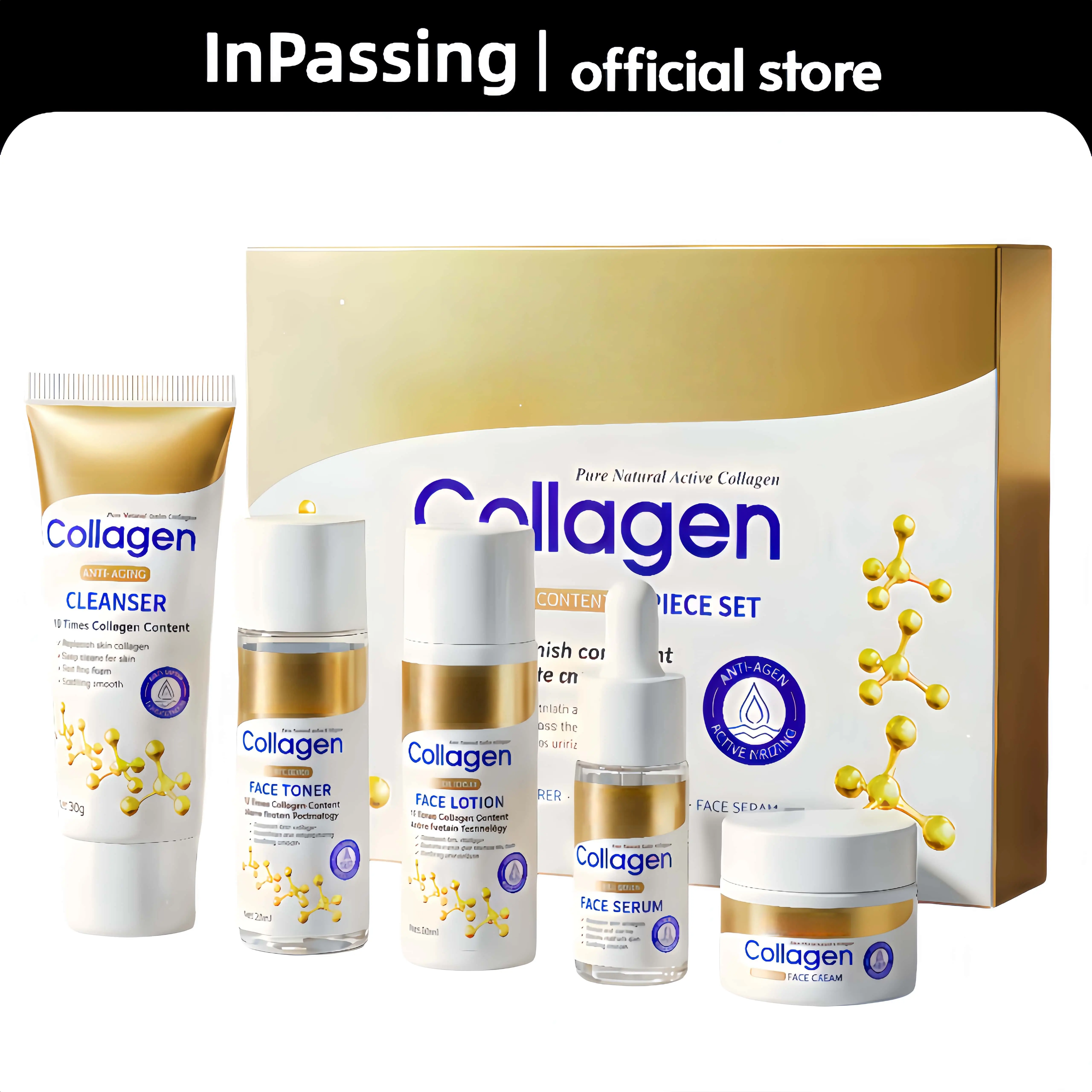 【5 PCS】Collagen anti-wrinkle firming travel five-piece set: facial cleanser, toner, lotion, serum, cream; anti-aging and firming, moisturizing and smoothing, portable travel size, suitable for all skin types