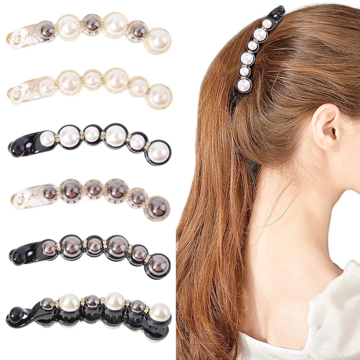 Women's 6-PCS Pearl Accessories Set - Ponytail Holders, Rhinestone Barrettes, Banana Hair Clip, Styled for Thick & Fine Hair, Accessories for Women, Hair Care