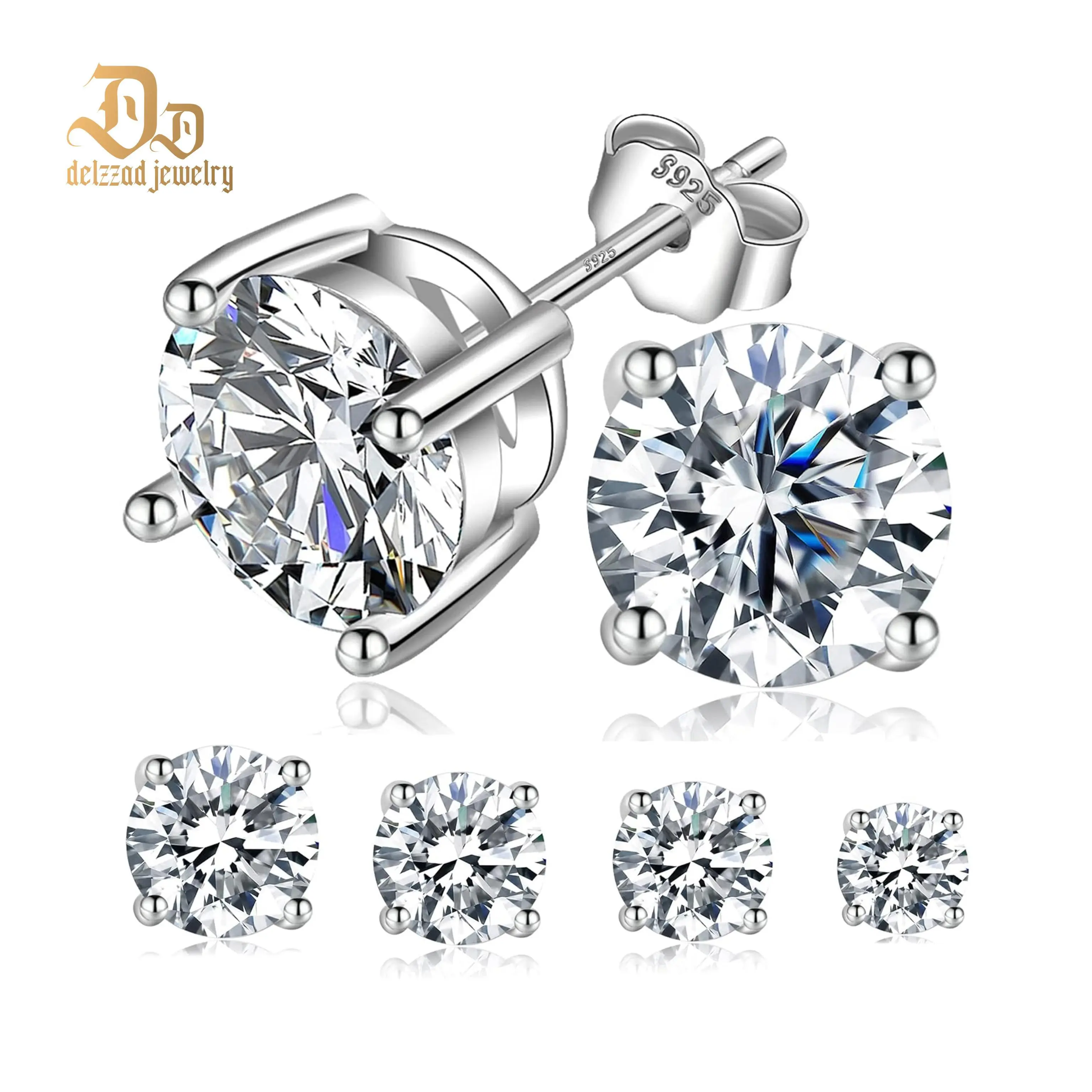 Delzzad S925 Four-Prong Stud Earrings Round Lab-Created Moissanite Stud Earring Moissanite Jewelry Perfect Birthday Mother’s Day Christmas Gift for Men Women Wedding Set Daily Anniversary Engagement Gift