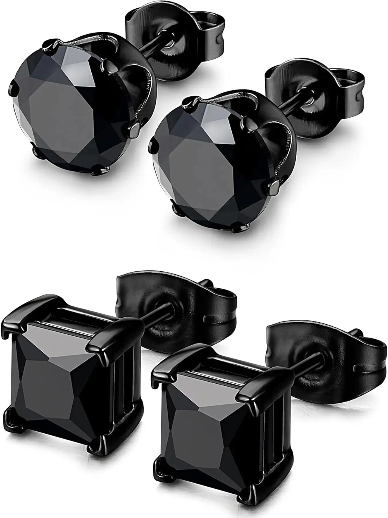 2 Pairs Hypoallergenic CZ Black Stud Earrings for Men Women 316L Stainless Steel Square Round CZ Mens Earrings Studs Jewelry Set for Sensitive Ears 3-8MM Black Silver Earring Stacking SetGift.