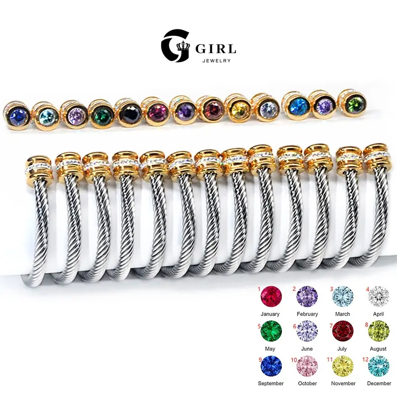 GGIRL Unisex Twisted Cable Cuff Bracelet in Stainless Steel with Multi-Color December Birthstone, 60mm Fashion Jewelry for Anniversary, Christmas, Birthday Gift, Unisex Fit, Everyday Wear, Cubic Zirconia, Daily