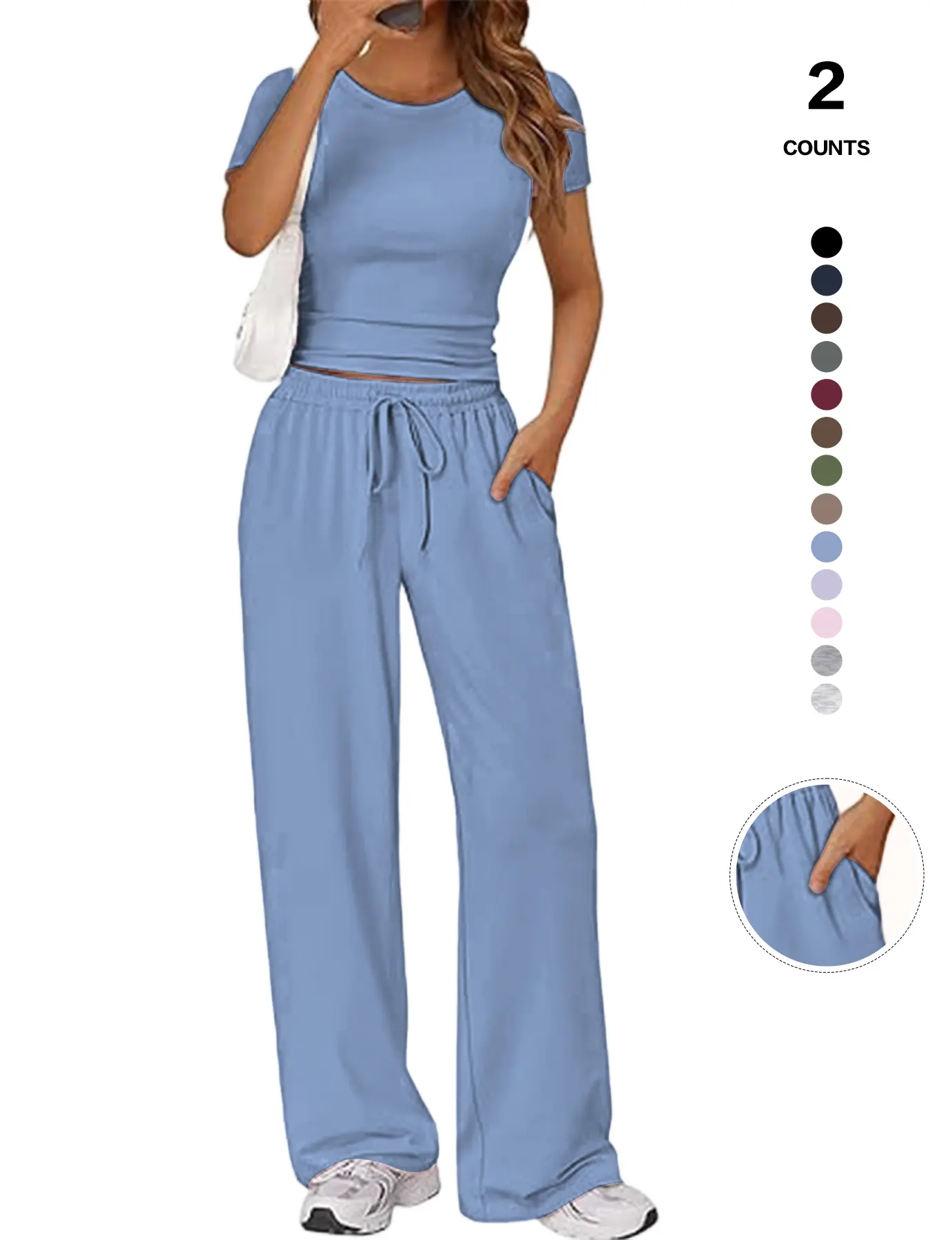 Women's Spring Summer Casual Set, Round Neck Short Sleeve Top & Wide Leg Pants, Slim Fit Home Wear, 2 Piece Comfortable Women's Spring Summer Casual Set, Round Neck Short Sleeve Top & Wide Leg Pants, Slim Fit Home Wear, 2 Piece Comfortable