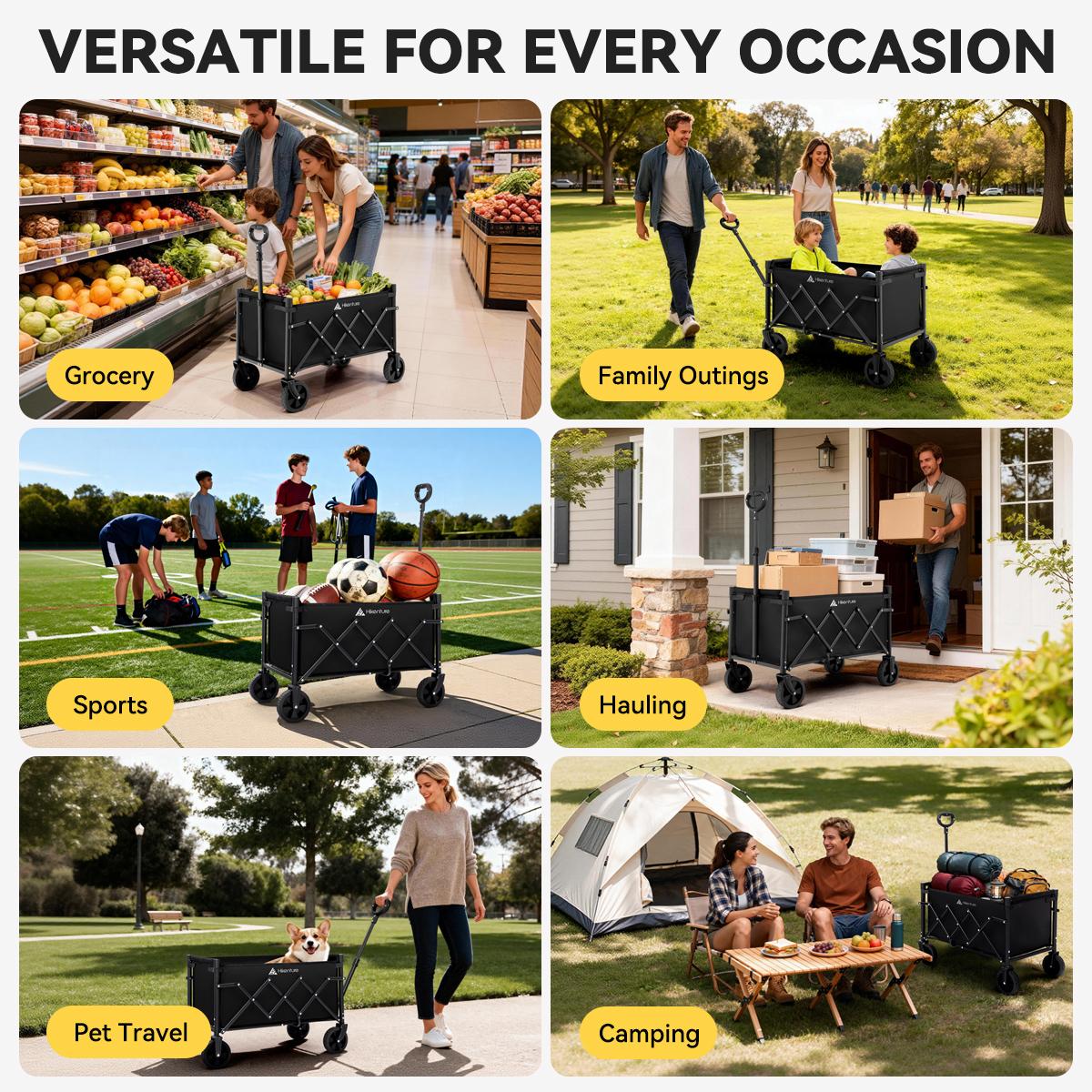 Hikenture Wagon Cart Foldable,Ultra-Compact Small Utility Folding Wagon,Heavy Duty Grocery Cart with All-Terrain Wheels,Portable Collapsible Wagon for Garden,Beach Wagon,Camping Wagon,summervibes