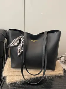 Minimalist Shoulder Bag, Vintage Large Capacity Shopping Bag with Scarf Decor, Pu Tote Satchel, Versatile Shoulder Bags, Perfect for Work and Travel, Office Commute, Teens & College Students
