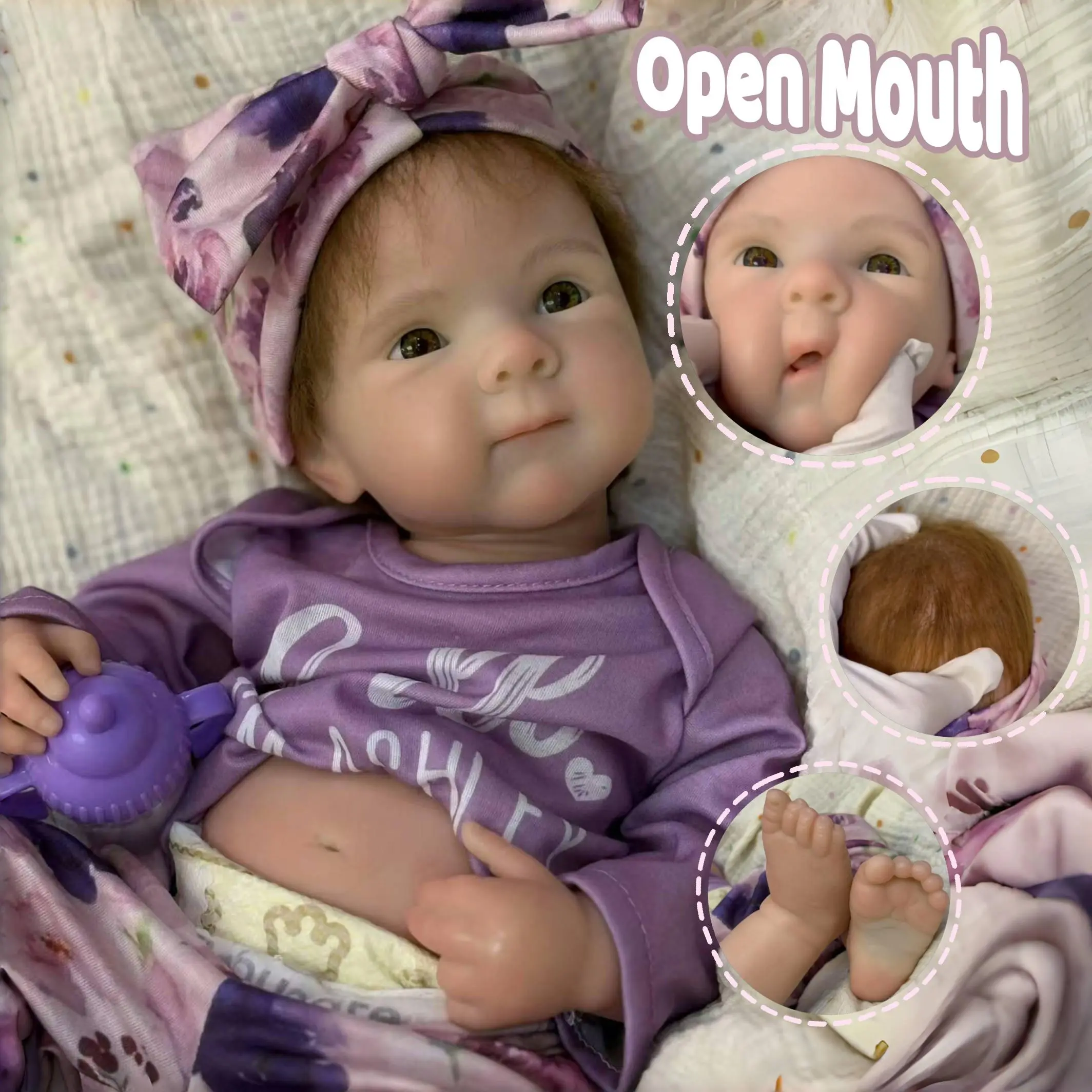 Otarddolls 18 In/45 cm Open Mouth Reborn Girl Doll Bettie - 3.2 kg Handmade Artisan Toy, Hand Rooted Hair, Soft Solid Silicone, 3D Lifelike Look Skin, Real Touch, Waterproof Wash, Manual Collectible, with Feed Bottle, Fits Newborn Clothes, Reborn Dolls, C
