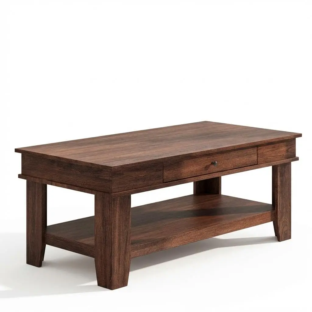 Garvee 47.2" Rustic Farmhouse Coffee Table with Drawer and Storage Shelf, Large Living Room Center Table, 300 Lb Weight Capacity, Easy Assembly, Brown Finish, Durable and Functional