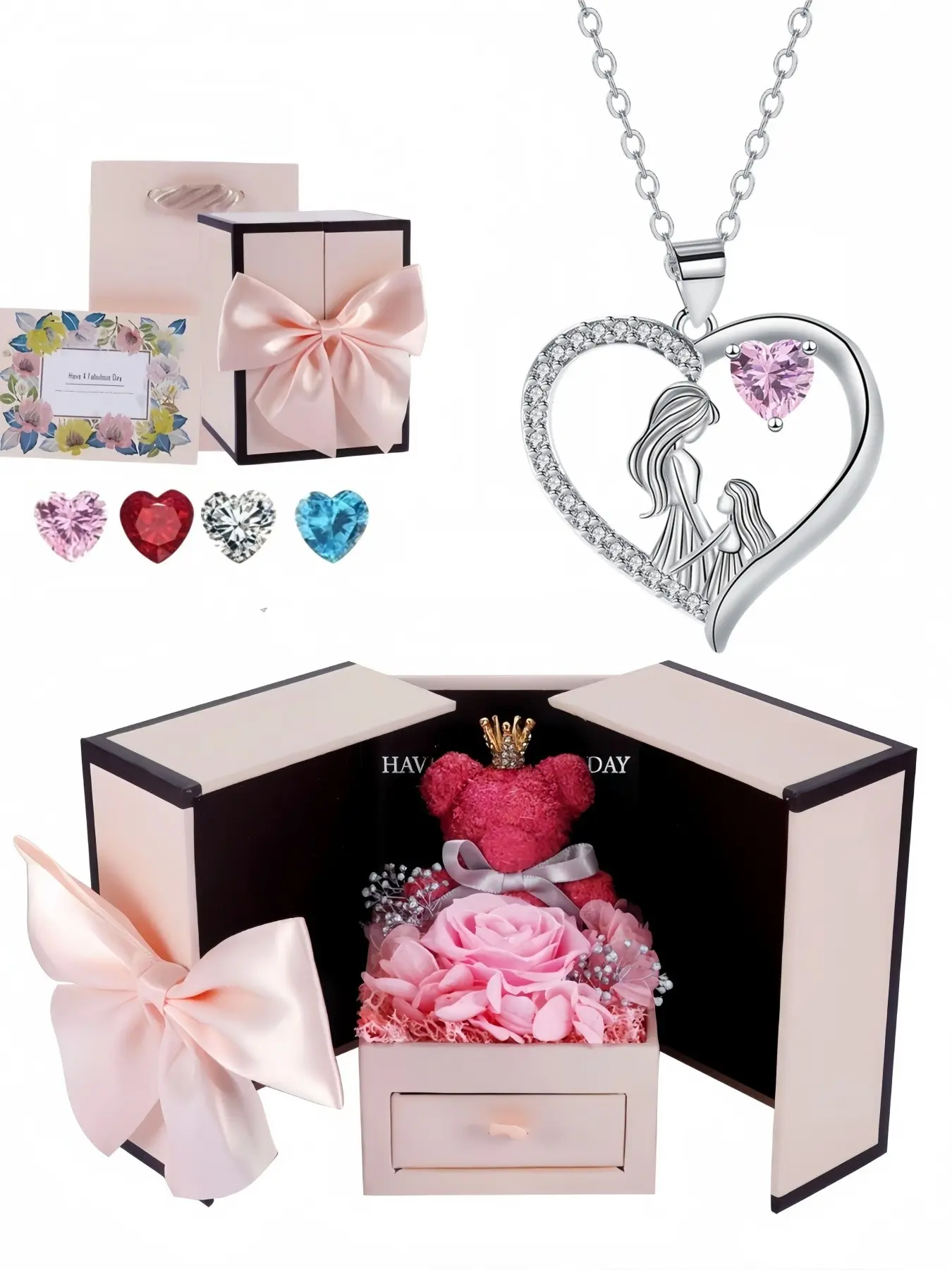 Pink Heart Shadow heart-shaped fashion luxury gem necklace for mother and daughter, paired with a preserved rose & teddy bear jewelry gift box, Gift Box Included, perfect mysterious gift for festivals, birthdays, Valentine's Day, Mother's Day