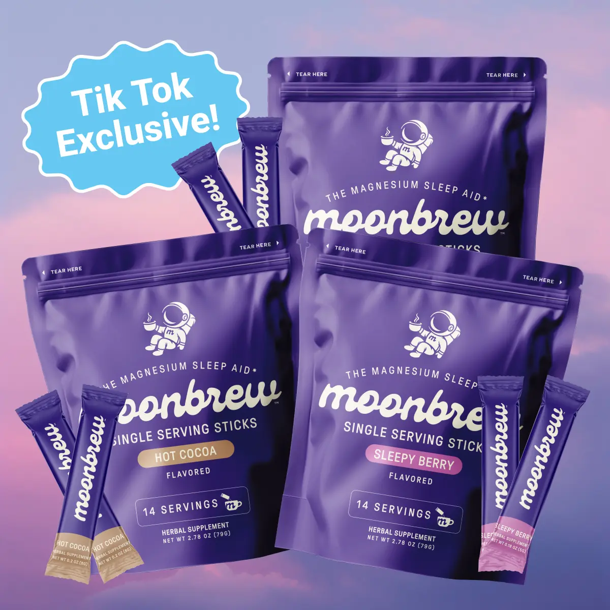 MoonBrew Natural Sleep & Calming Drink Stick Packs - Melatonin-Free Magnesium Drink Mix with 7 Superfoods | Sugar-Free Night-Time Calm | Vegan, Gluten-Free | 14 Single-Serve Packets | Made in USA