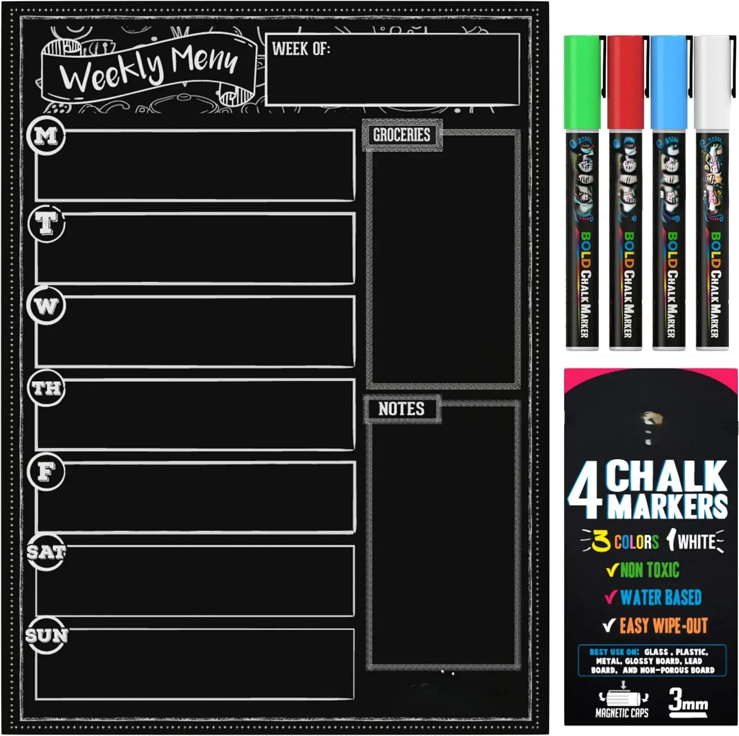 Magnetic Dry Erase Menu Board for Fridge with 4 Liquid Chalk Markers Set - Weekly Meal Prep, Shopping List Notepad for Busy Households' Healthy Meal Prep, 15.6"x11.6 Kitchen Refrigerator Magnet, Chalkboard