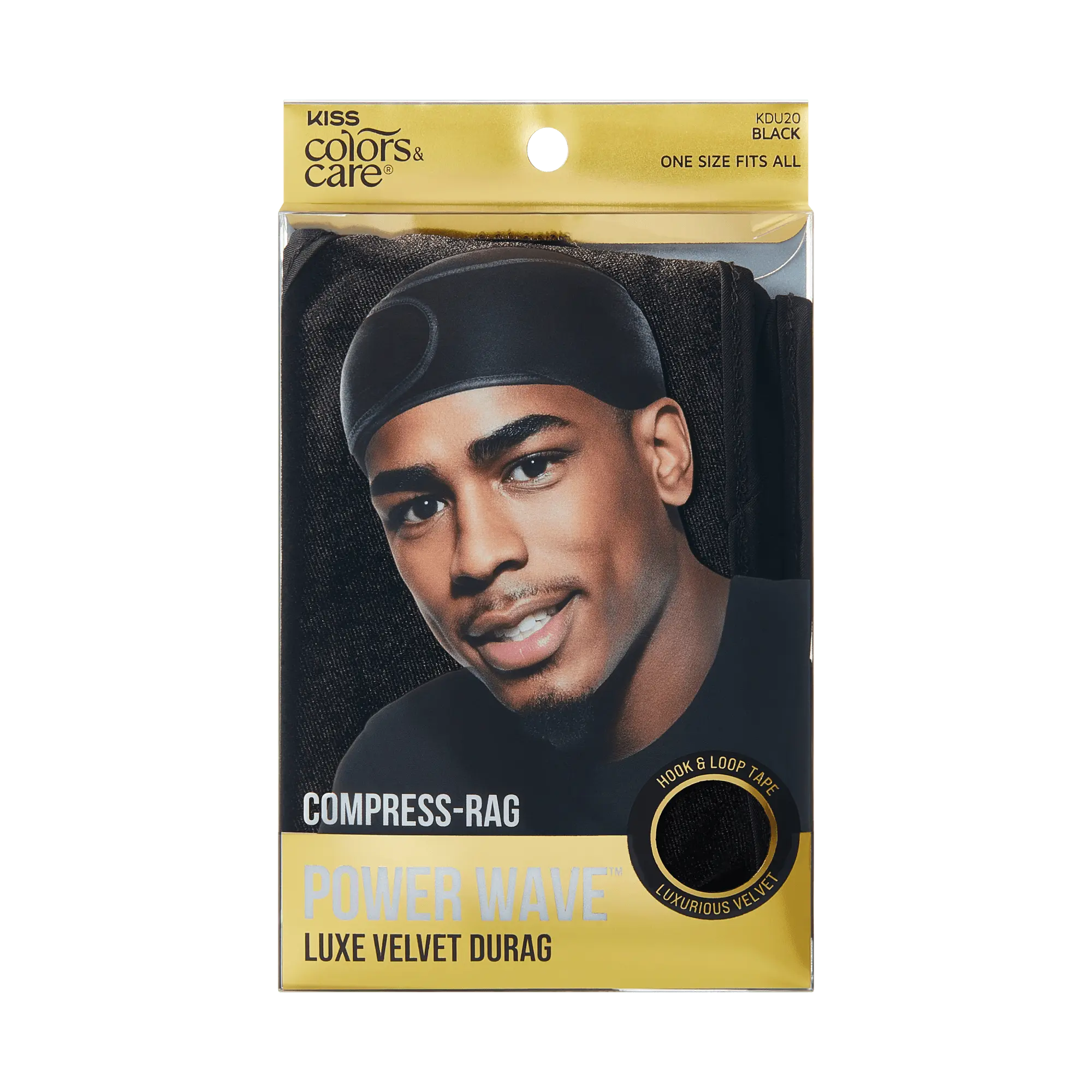 Kiss Colors & Care Compress-Rag Power Wave Luxe Velvet Durag - Black | Wave Cap, One Size, Hair Accessories