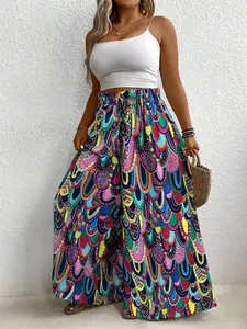 【Plus Size】 All Over Print Pants, Bohemian Trousers, Boho Casual Comfy Wide Leg Trousers for Daily Holiday Vacation Wear, Women's Bottoms for Spring