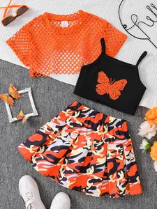 Girl's Butterfly Print Cami Top & Plain Hollow Out Top & Camo Print Skirt Set, Casual Fashion Three-piece Set for Daily Outdoor Wear, Summer Clothes Set, Kids Clothing for Summer, Bratz Skirt Outfit