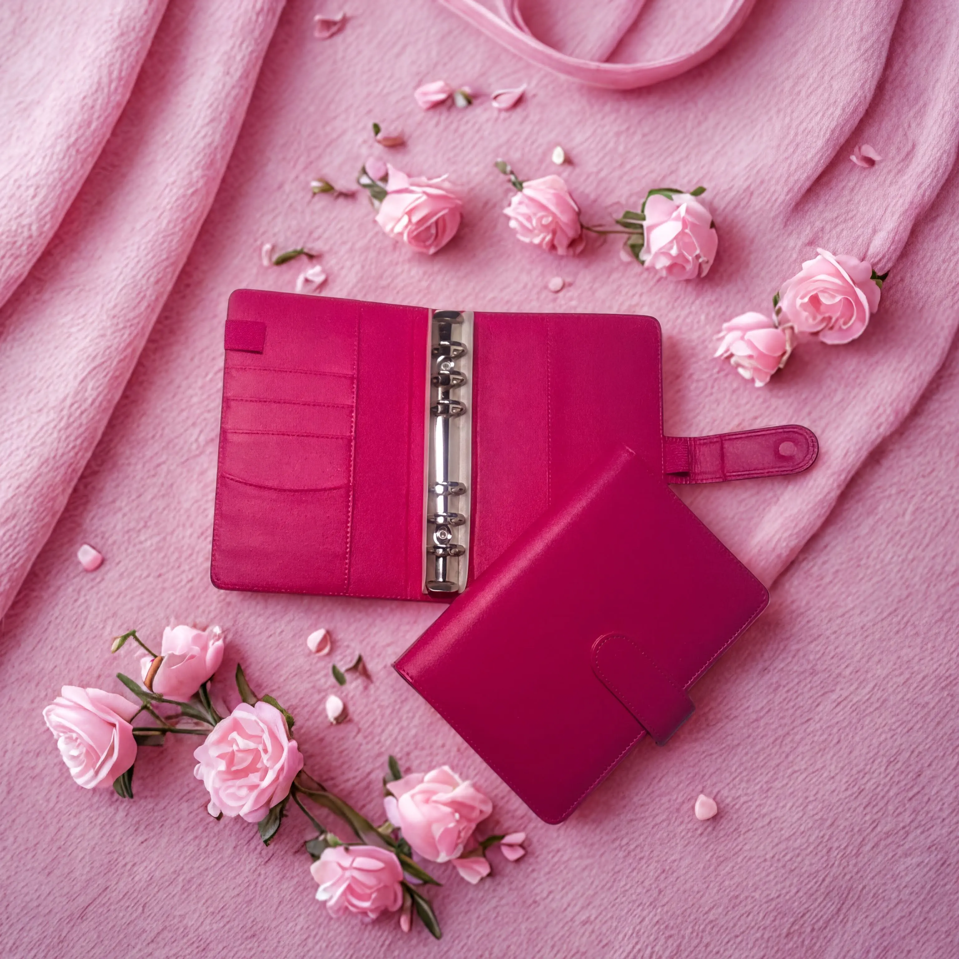 A6 Compact Leather Planner - Rose Red Cover, Pen Holder, Card Pockets