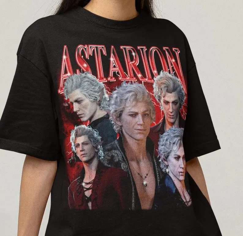 Men's Baldur's Gate 3 Astarion Graphic Print 100% Cotton Baggy T-Shirt - Round Neck, Short Sleeve, Classic Fit, Soft Fabric, Split Pattern, Basics, Cute, Halloween, Preppy, Tear-Away Label, True Size, White