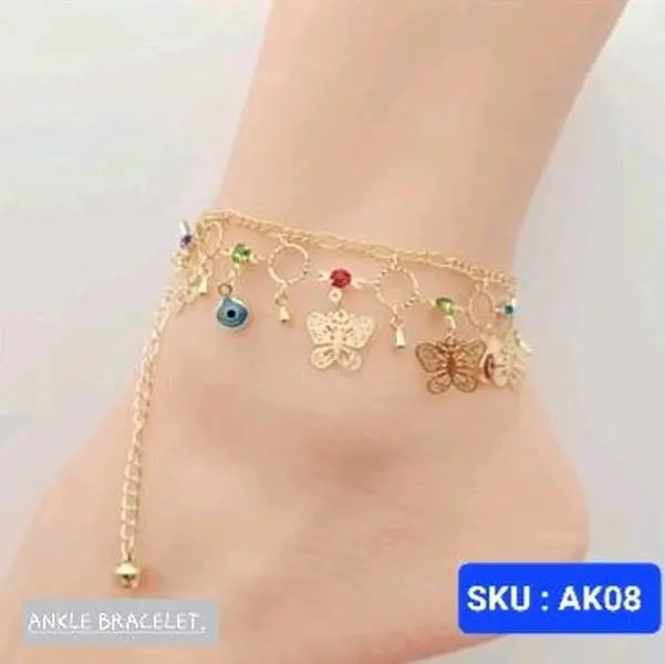 Ankle Bracelet Butterfly, Evil eyes and stones colors adjustable 8 to 10.5 inches (27 centimeters) long, 2.5 millimeters wide. Laminated Gold SKU AK08