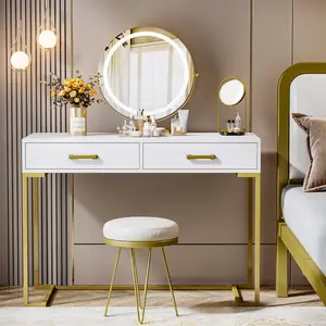 LITTLE TREE White and Gold Modern Makeup Vanities with 2 Drawers for  Bedroom, Coumputer Desks for Home Office,Small Space