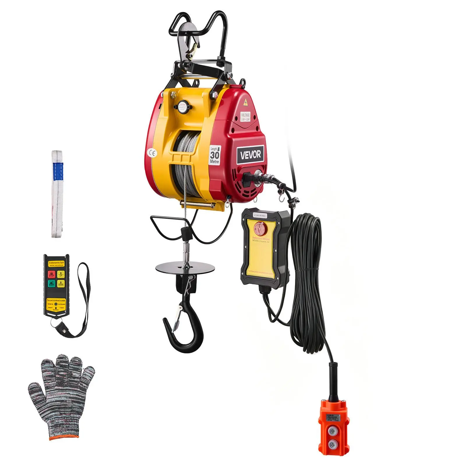 VEVOR 2-in-1 Electric Hoist Winch - 660 lbs Capacity, 1500W Portable Carbon Steel Engine Hoist, 98.4 ft Lifting Height, 62 ft/min Speed, Heavy Duty Rope, Winch Strap Hook, Wired & Wireless Remote for Warehouse, Balcony