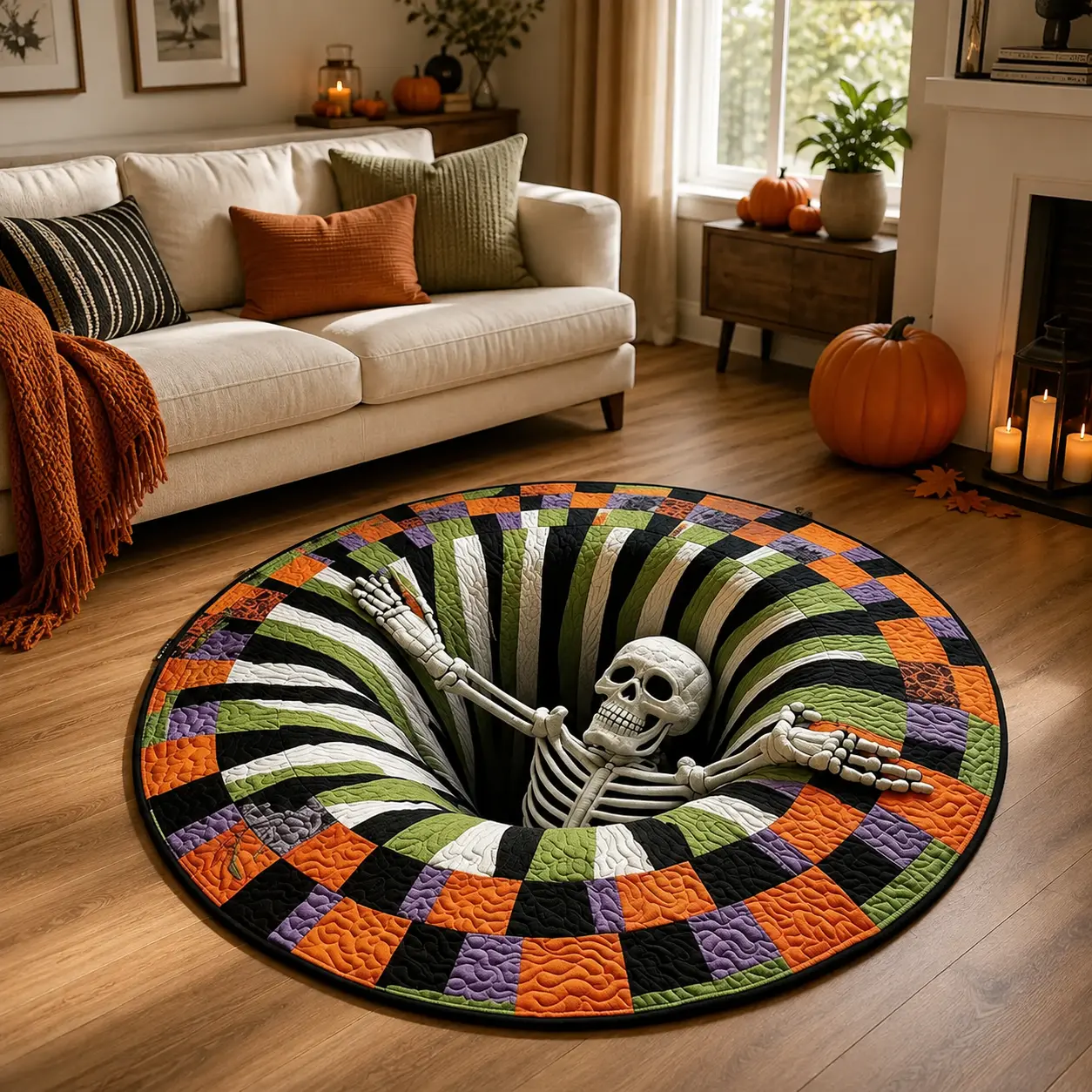 Halloween Round Rug, 3D Skeleton Vortex Illusion Mat, Spooky Pumpkin Quilted Pattern Floor Rug with Non-Slip Backing, Indoor Decor for Living Room Bedroom Kitchen Bathroom