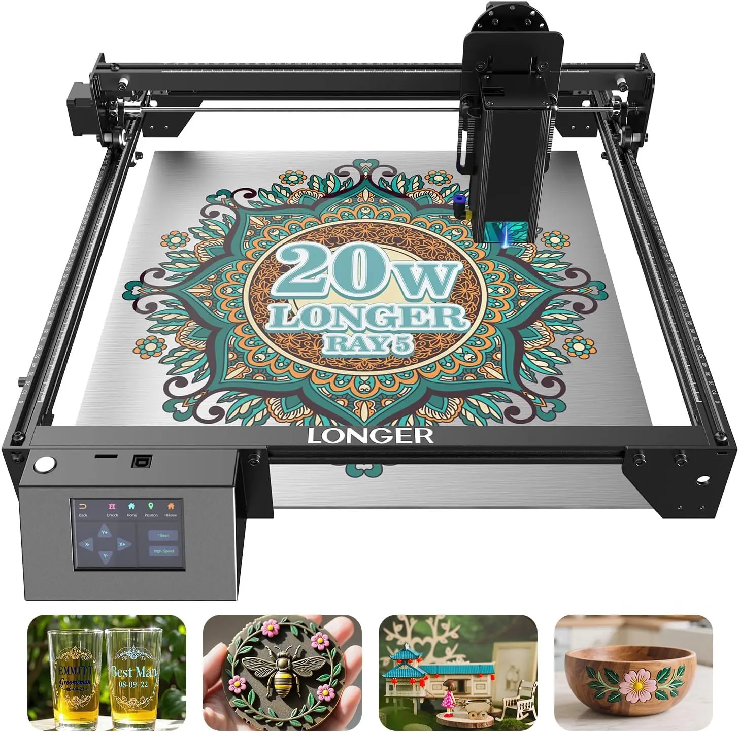 RAY5 20W Laser Engraver, High-Precision Engraving Machine with 3.5" Touch Screen & APP Offline Control, Laser Cutter for Wood, Metal, Acrylic, Glass, Leather, 15.7"x15.7" Working Area
