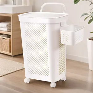 Ultra Wheeled Laundry Hamper with Lid, Suspended basket，Suitable for Bathroom, Bedroom, Dorm Room & Laundry Room,Handle and Wheels for Easy Rolling of Clothes to and from The Laundry Room, Plastic（White）