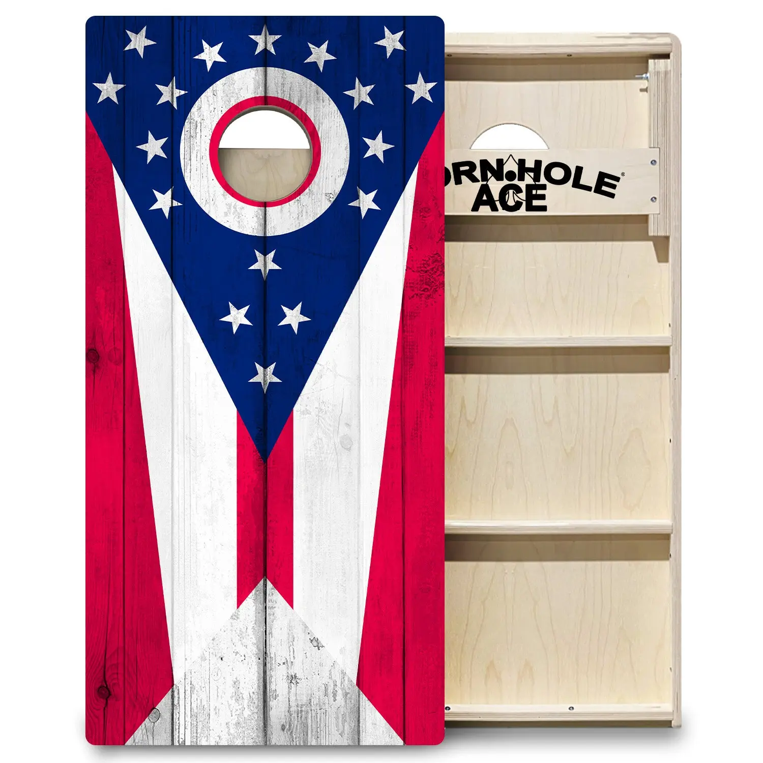 CORNHOLEACE Ohio State Flag Cornhole Board Set - Professional Backyard Games Equipment, Double Wide Folding Legs, Ideal for Events, For Tournament-Style Setup Seekers, Boosts State Pride
