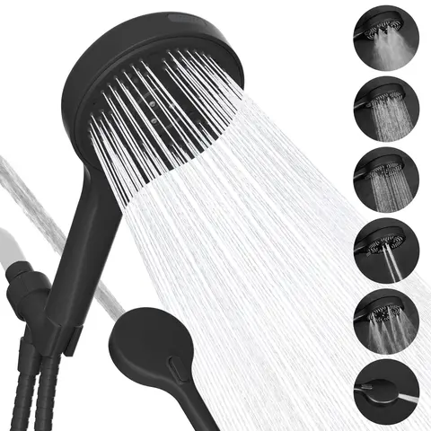 Hibbent High Pressure 6-mode Handheld Shower Head, Anti-clog Nozzles - Built-in Power Wash to Clean Tub, Tile & Pets, Extra Long 5.9 ft. Stainless Steel Hose, Wall Brackets | Stay Clean Nozzles, Dual Power Wash for Tub, Tile & Pets,Matte Black