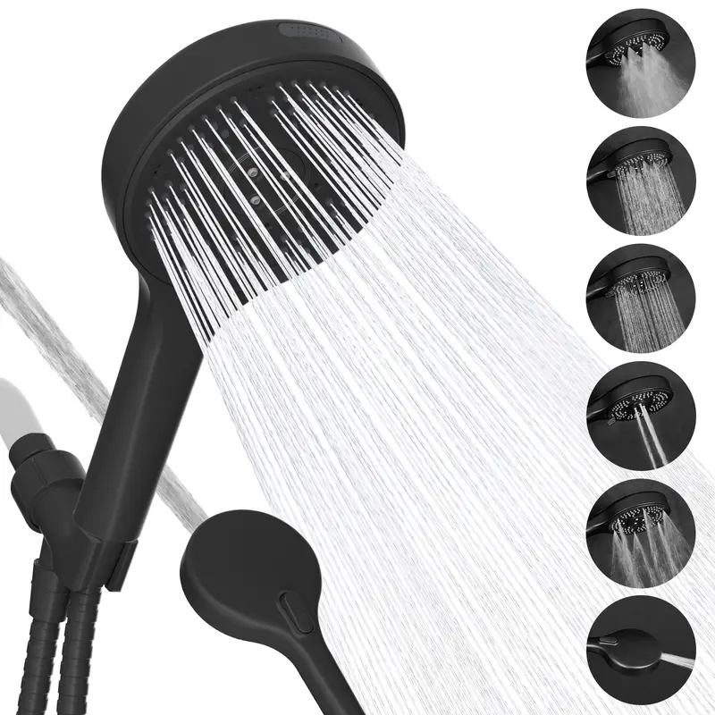 Hibbent High Pressure 6-mode Handheld Shower Head, Anti-clog Nozzles - Built-in Power Wash to Clean Tub, Tile & Pets, Extra Long 5.9 ft. Stainless Steel Hose, Wall Brackets | Stay Clean Nozzles, Dual Power Wash for Tub, Tile & Pets,Matte Black