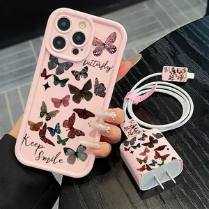 5-Piece Butterfly Aesthetic Phone Case Set with Charger Head, Cable Protector, Storage Strap, Tpu Shockproof Protection Cover for iPhone 6-16, Ideal Gift for Couples and Teen Girls