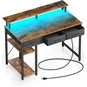 Rolanstar Computer Desk with Power Outlets & LED Light, 39 inch Home Office Desk with 3 Drawers and Storage Shelves, Writing Desk with Monitor Stand, Work Desk for Home Office,Rustic Brown