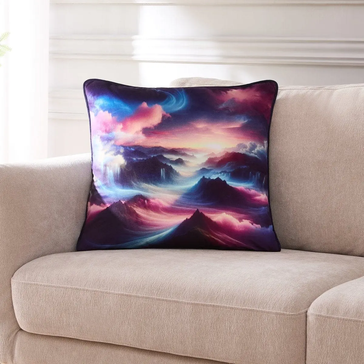 Lush Decor Mesmeric Mountains Soft Cushion, 20"H x 20"W, AI-Generated Misty Mountain Scene, Whimsical Gothic Fairytale Room Decor for Living Room, Whimsical Home Furnishing Pillow