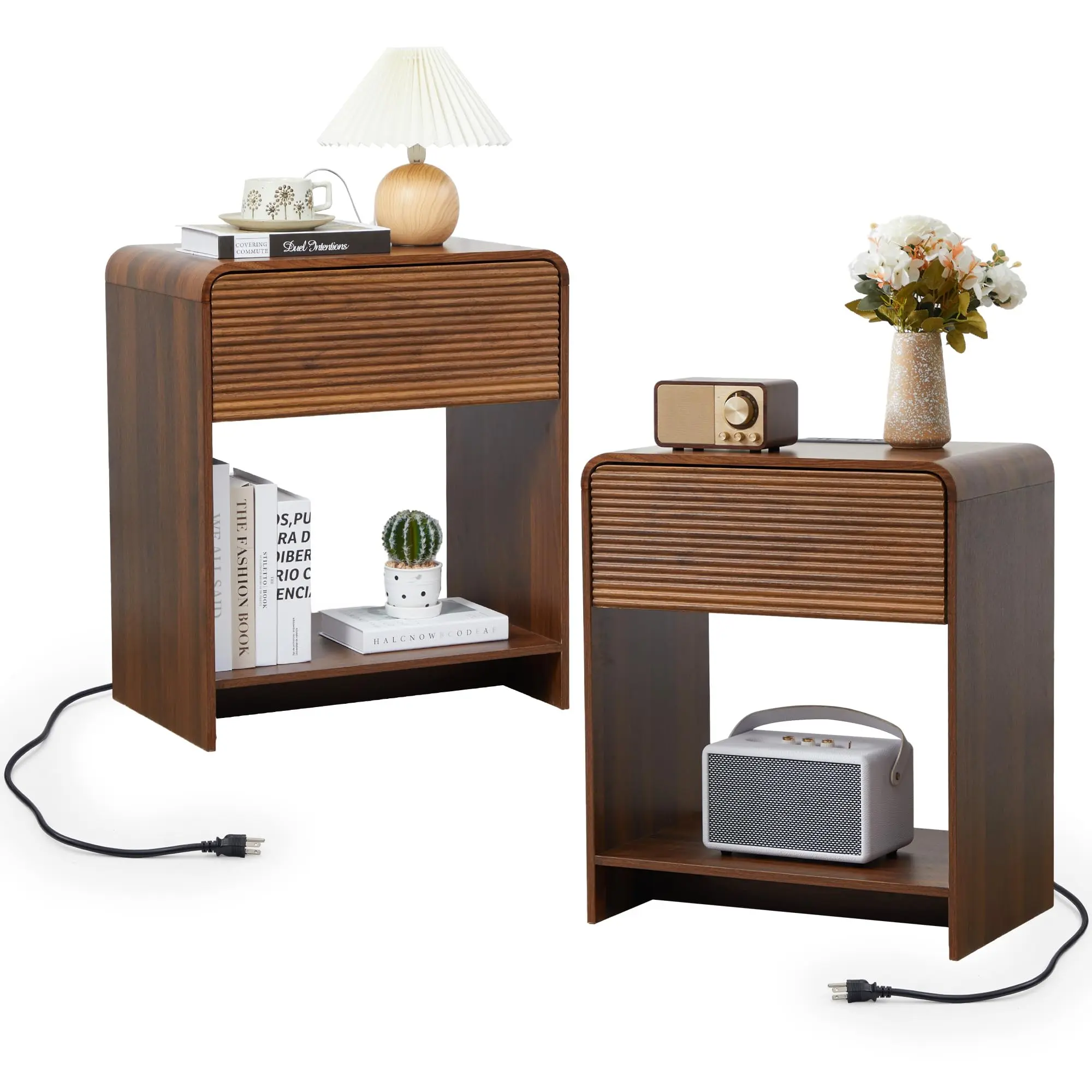 Giratree 24.8" Fluted Nightstand Set of 2 with Charging Station, Modern Bed Side Table End Table with Drawer Storage, Large Wooden Night Stands Bedside for Bedroom Living Room Sofa Office