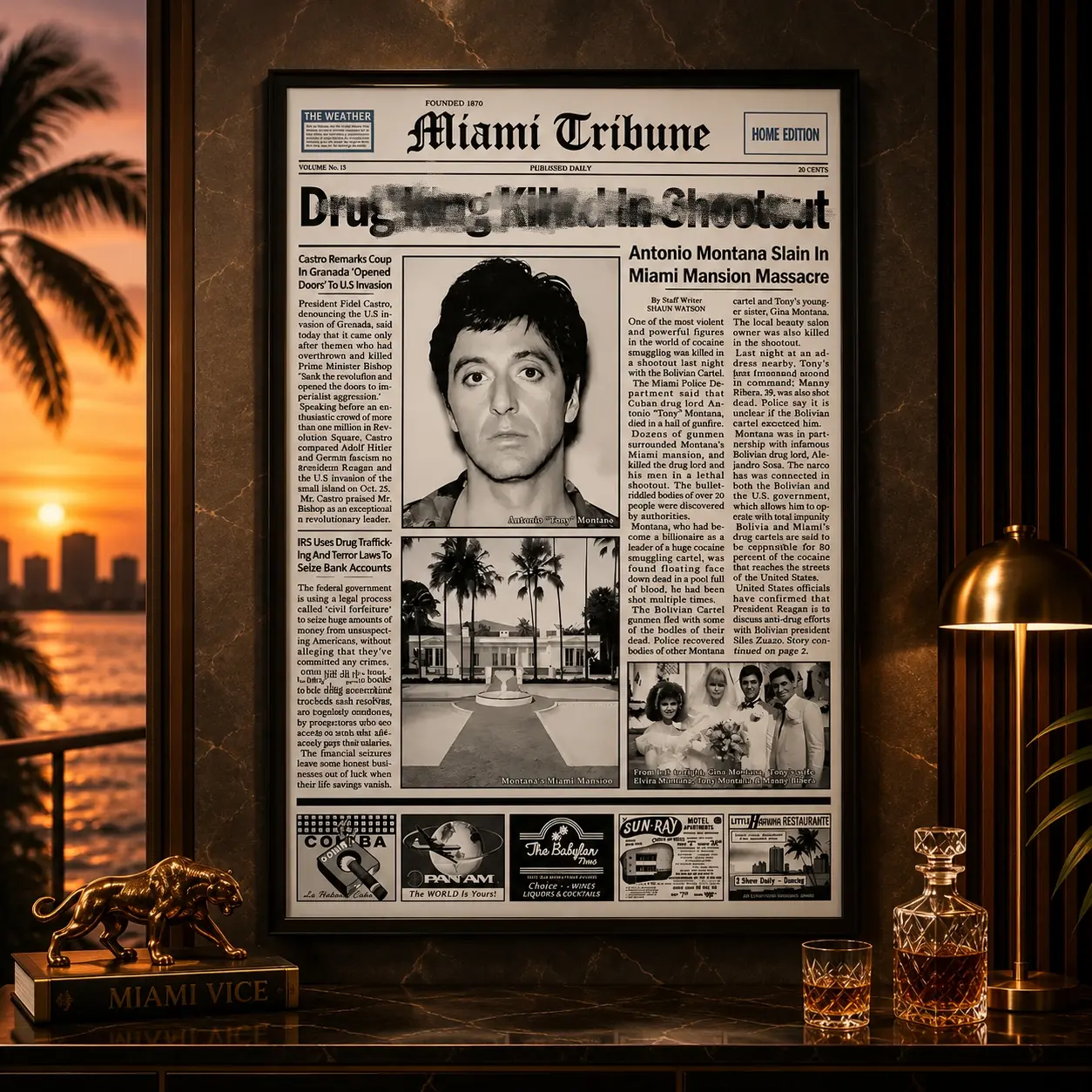 Scarface Tony Montana Newspaper Poster Print - Solid Wood Frame, Waterproof Home Decor, Bedroom Decor Wall Art Canvas, Collectible Gift for Movie Enthusiasts, Movie Wall Art, Canvas Poster, Living Room Decor, Room Decor