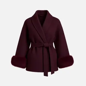 Women's Elegant Solid Color Waist Tie Fuzzy Cuff Wrap Coat, Premium Plush Long Sleeve Thermal Coat, Outerwear Jacket for Fall & Winter(CN/US)