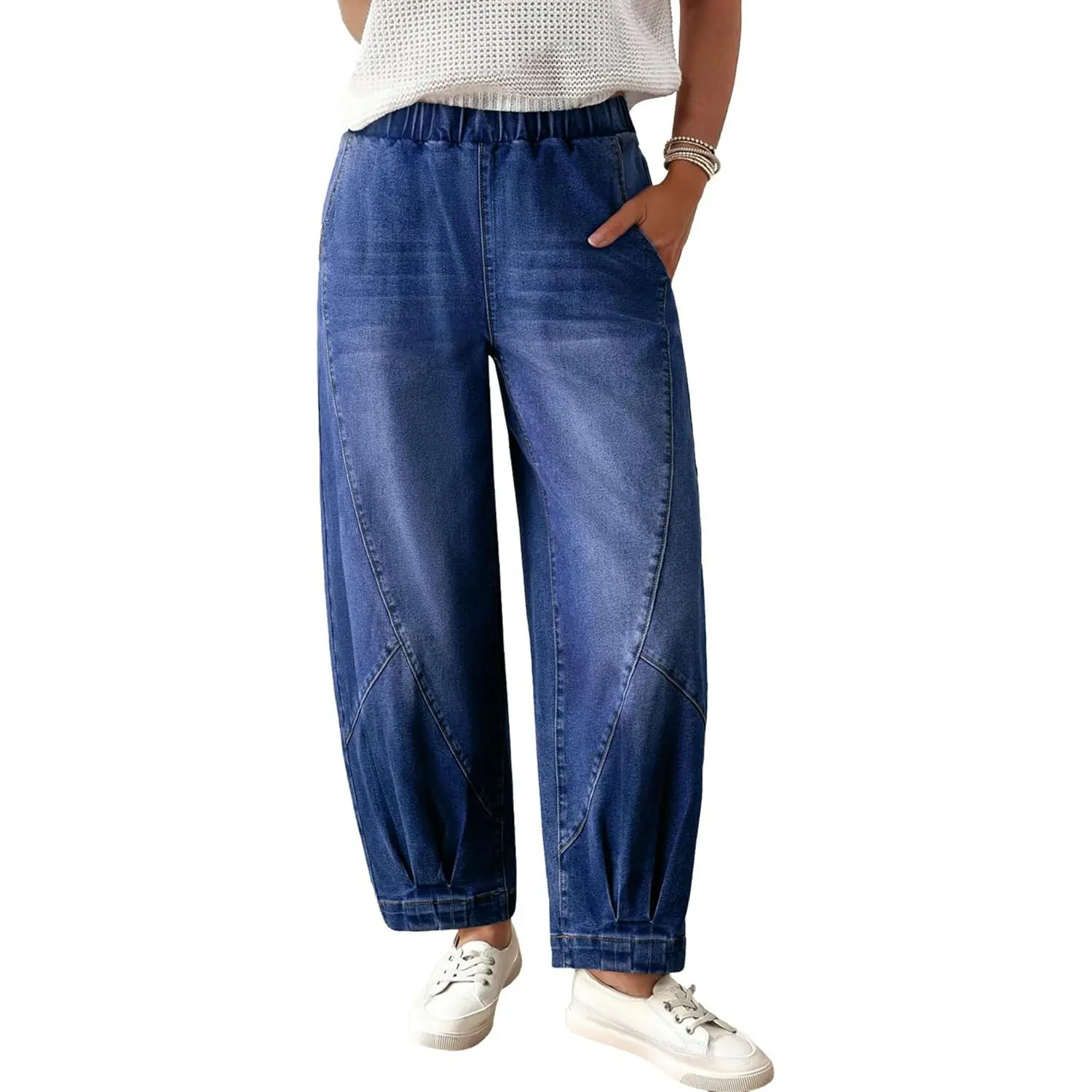 Sidefeel Womens Barrel Jeans Elastic High Waisted Stretchy Baggy Wide Leg Jeans Trendy Patchwork Loose Ankle Denim Pants