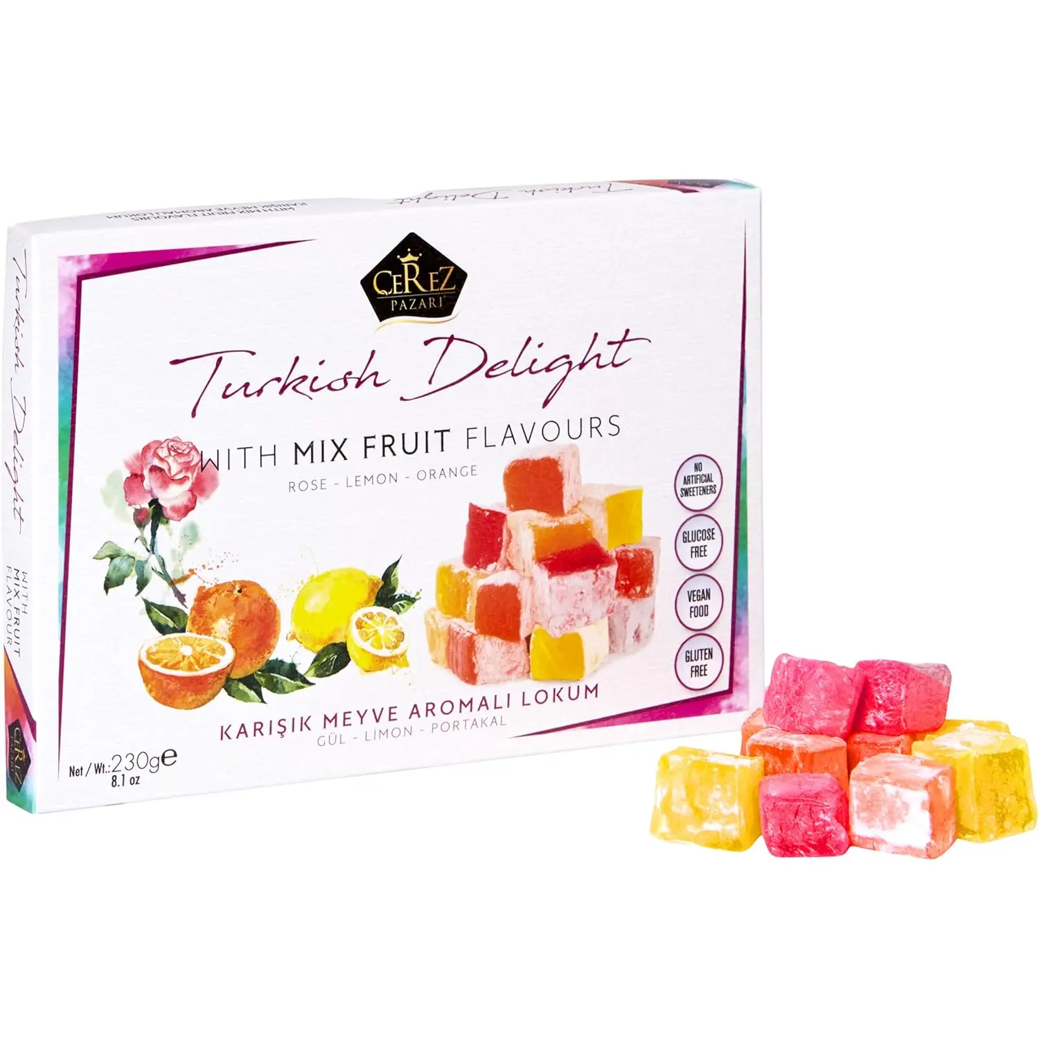 Cerez Pazari Turkish Delight Lokum Loukoumi - 8.1 Oz Beetroot Sugar Vegan Chewy Candy, Boxed Natural Orange-Rose-Lemon Mix, Nut-Free Traditional Moisture-Lock Confectionery (Approx.32 Pcs) for Friends, Adults, Father’s Day Guilt-Free Snacks