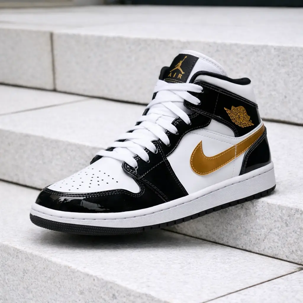 Nike Air Jordan 1 Mid Patent Black White Gold 852542-007 Men's Fashion Sneaker New