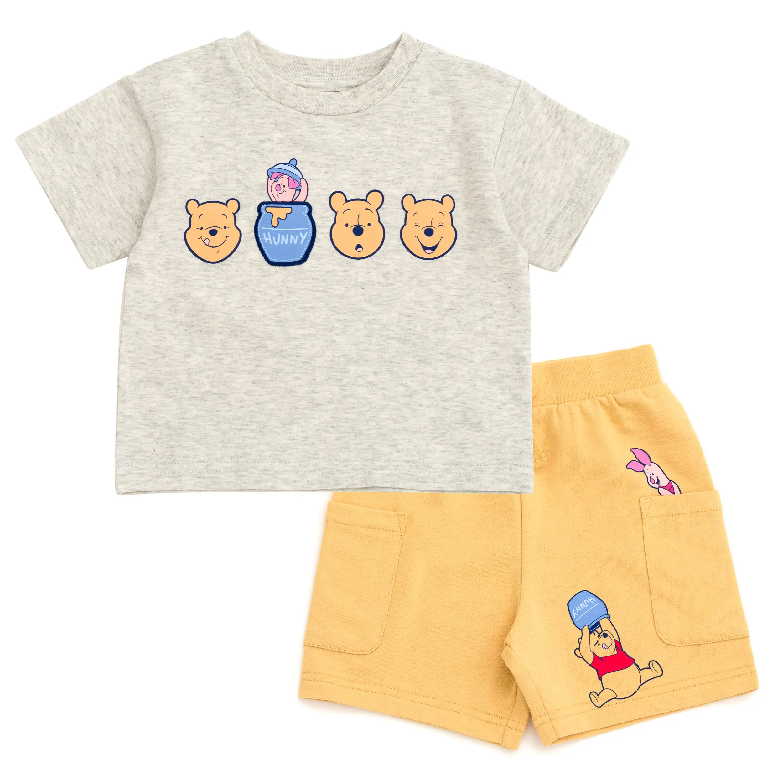 Disney Winnie the Pooh Boys' 2-Piece Playful Outfit - Soft Cotton Drop-Shoulder Graphic Tee, Elastic-Waist French Terry Shorts with Honey Pot Pocket, Tan Piglet, 3-4 Years, Toddler-Little Kid