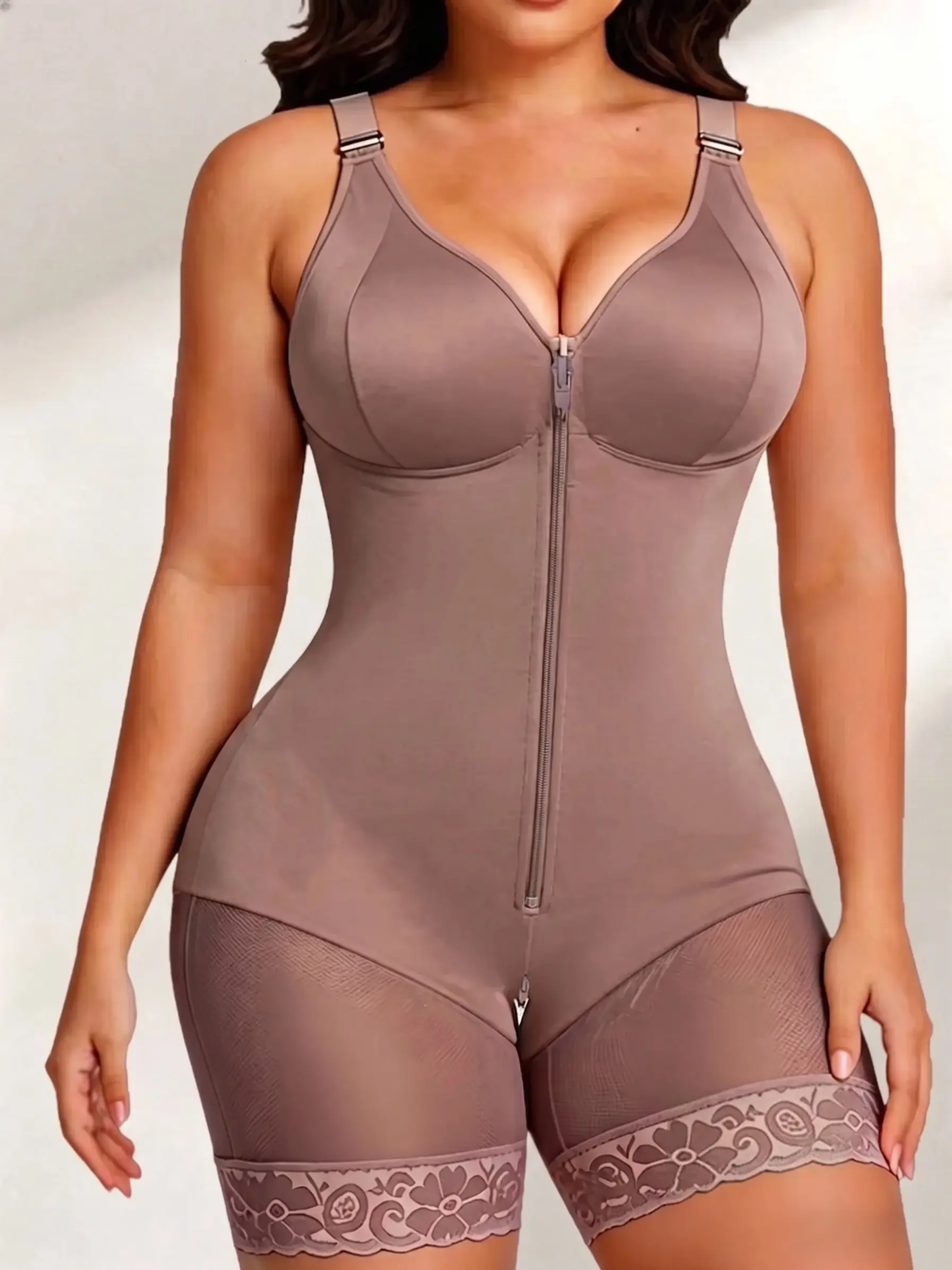 Women's Colombian Zip-Up Shapewear Bodysuit - 1 Count, Breathable V-Neck, Lace Trim, Adjustable Shoulder Straps, Skin-Friendly, Body Contouring, Ideal for Weddings & Boosting Confidence