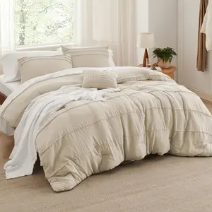 California King Comforter - 4 Pinch Pleat, Linen Boho for, 1 Comforter, 2 Pillowcases, 1 Decorative Pillow