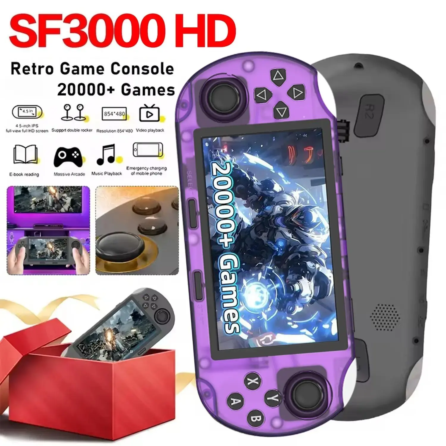 Sf3000hd Retro Handheld Rechargeable Game Console, 4.5 Inch 854x480 IPS Screen, 3000mah Lithium Ion Battery, New Condition, Batteries Included, Handheld Gaming Console