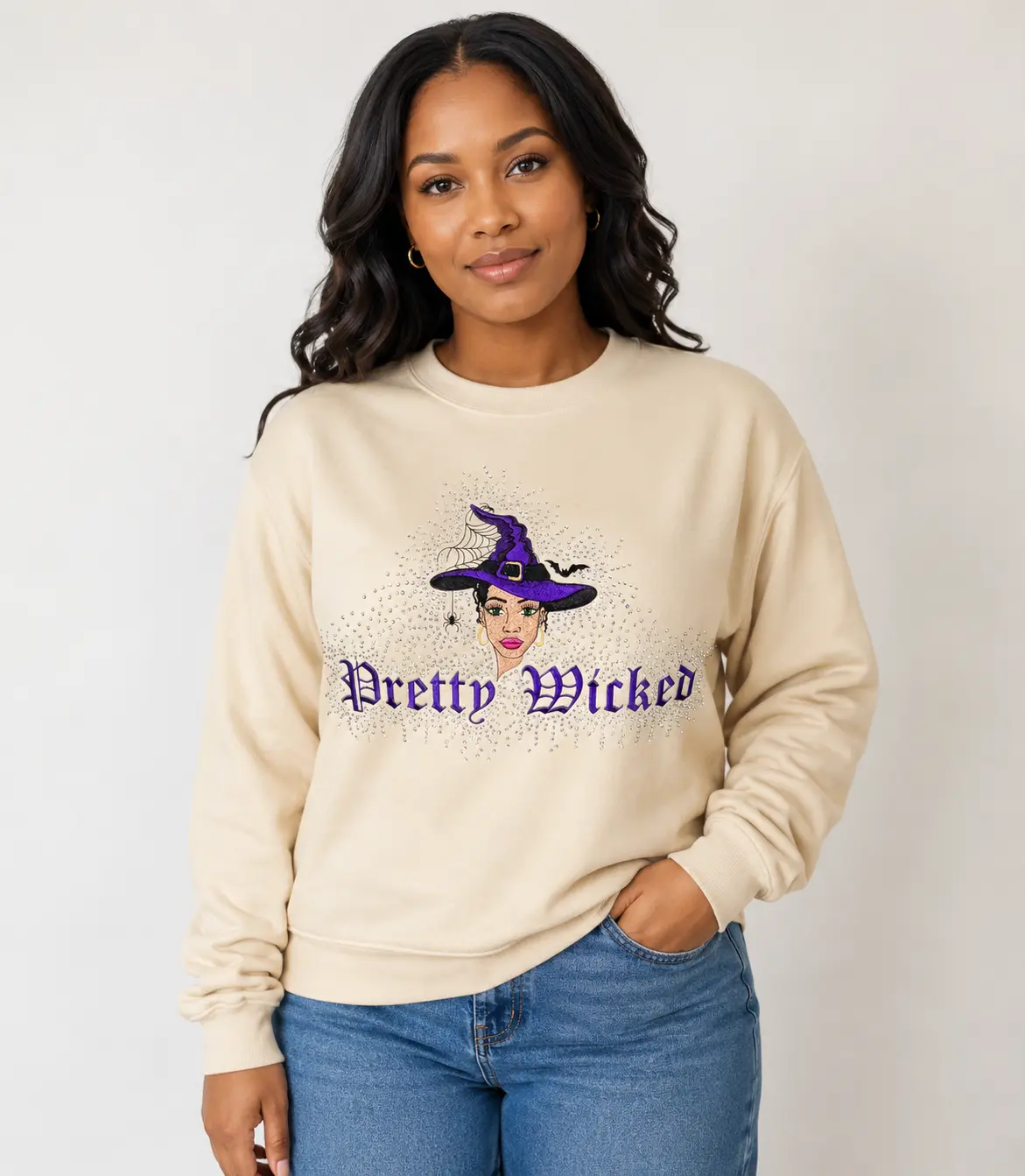 Pretty Wicked Rhinestone Witch Embroidered Sweatshirt | Halloween Crewneck Womenswear Chic