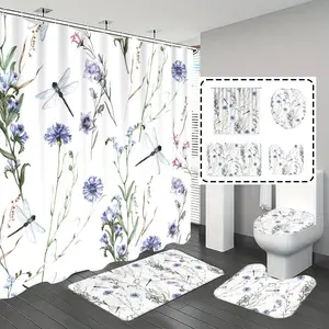 [Popular Choice]1pc/4pcs, shower curtain set, shower curtains, bathroom floor mat, home decoration, bath mat, dragonflies and floral patterns, simple theme decoration, bathroom set, with 12 hooks, Bathroom Decoration Accessories