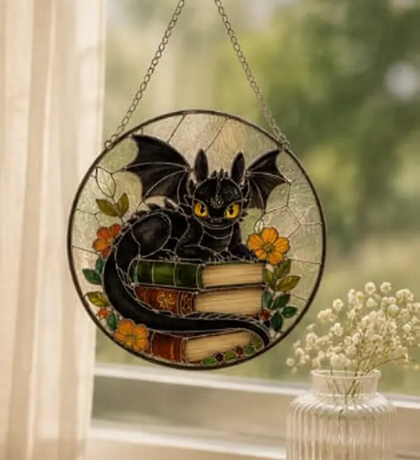 Black Dragon Acrylic Window Decor, Fantasy Book Stack Suncatcher, Cute Dragon Hanging Ornament, Gift For Readers