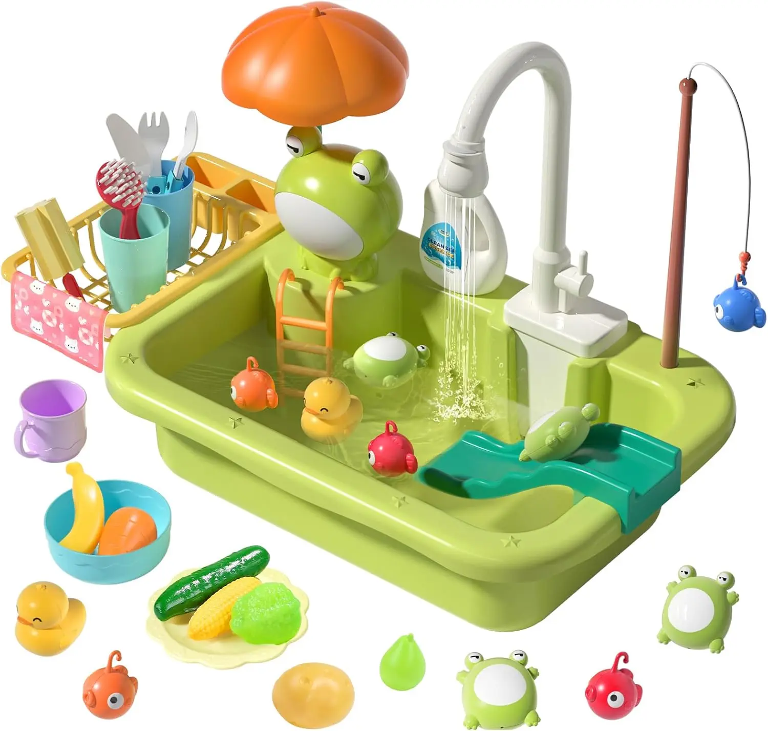 Cute Stone Unisex Play Kitchen Junior Kids Toys Set - Pretend Sink with Running Water, Upgraded Electric Faucet, Realistic Play Food, Frogs, Cooking Learning Kit with Batteries, Cool Gifts for Spring Day, 6-8 Years