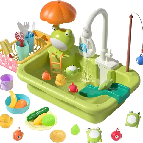 Cute Stone Unisex Pretend Play Kitchen Toy Set - Upgraded Electric Running Water Faucet, Realistic Play Food, Floaty Fish & Frogs, Detachable Drain Rack, 12.5x9x4.5 Inches, 15-20 Mins Per Battery Cycle, Kids Cooking Learning Kit, Ages 6-8 Gift Ideas,famil