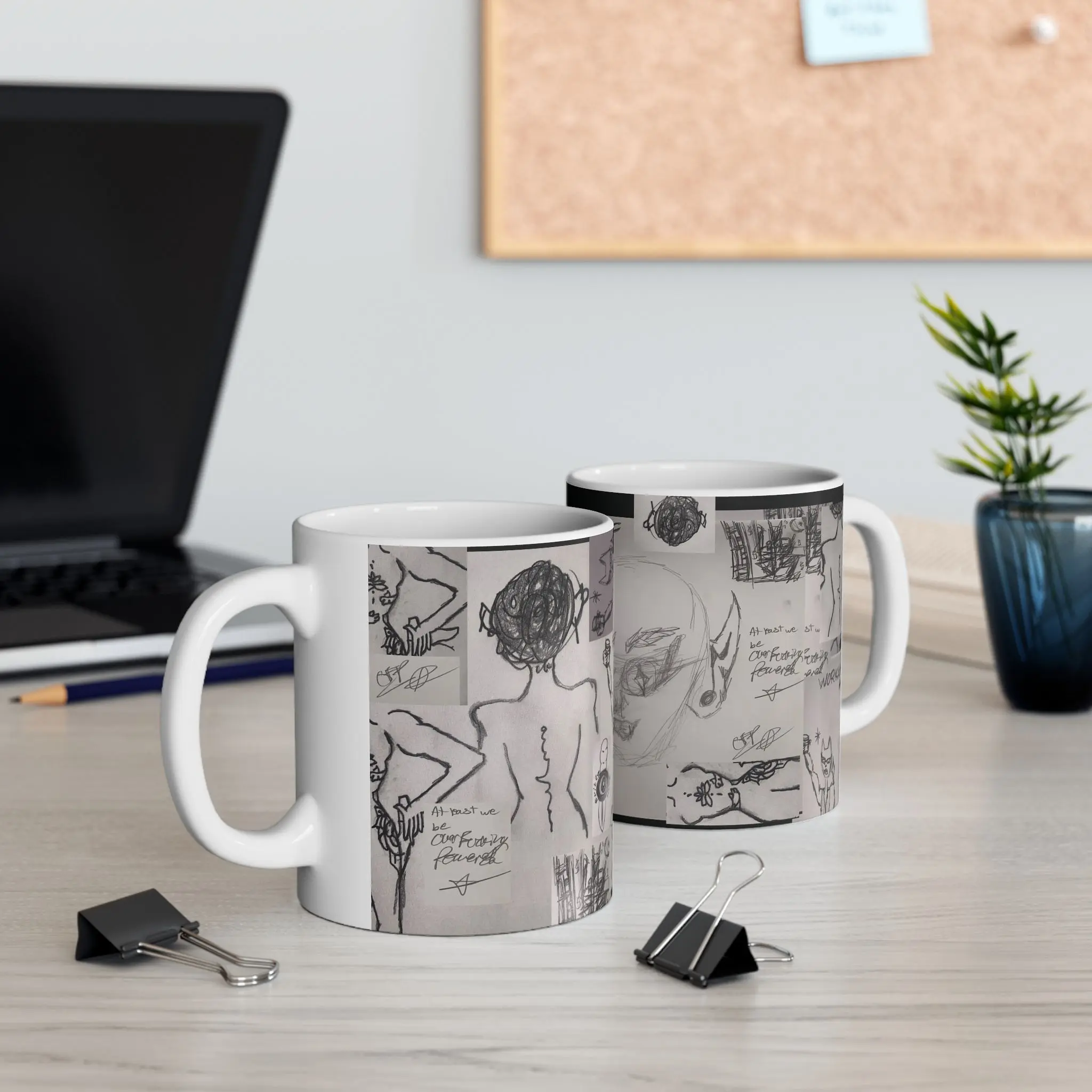Workaholic Doodles Mug | Sketch Collage Ceramic Coffee Cup ~PURPLEHAZE CUSTOM ART on MUG~