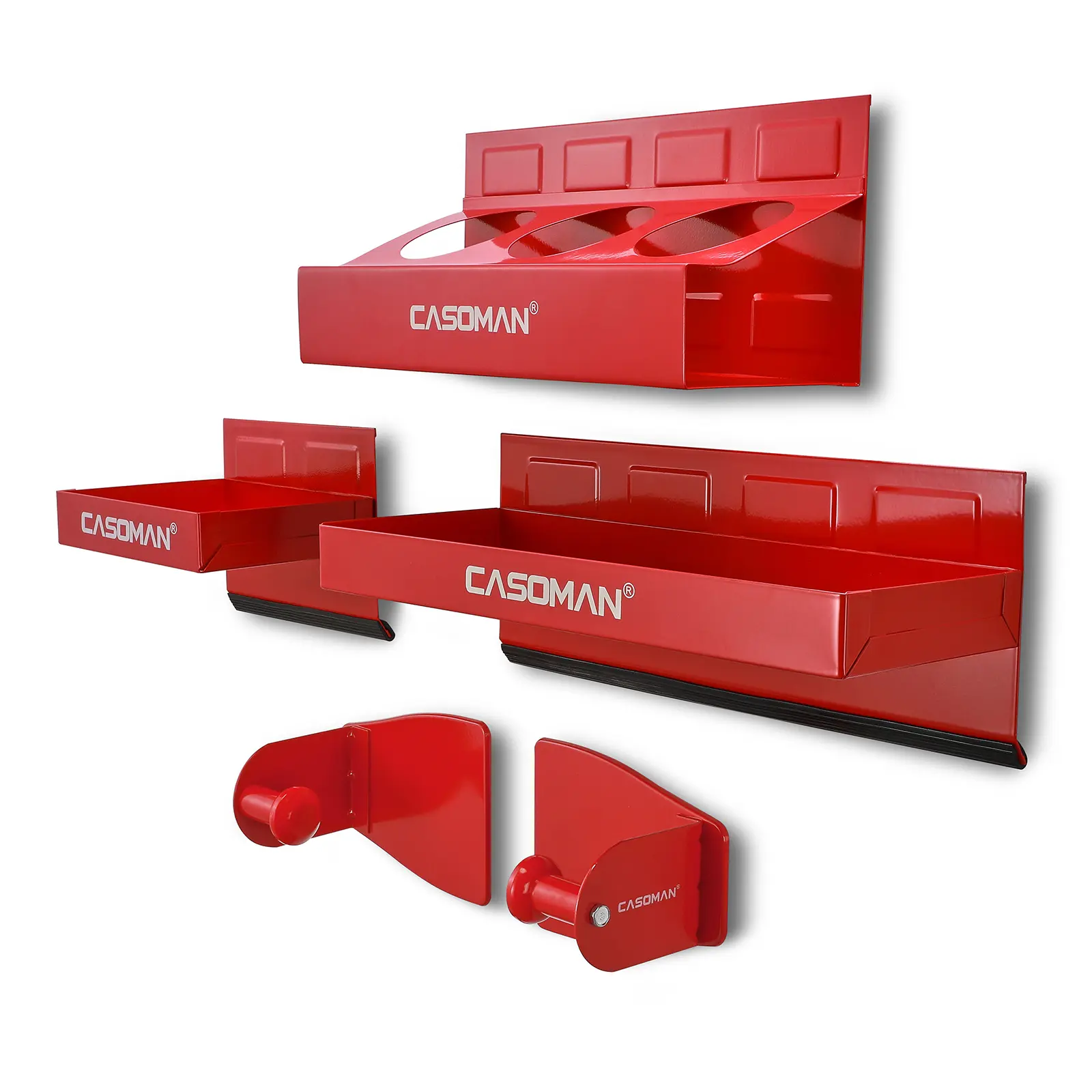 CASOMAN 4PCS Heavy Duty Magnetic Tool Organizer Set - Rack, Red Toolbox Shelf, 12" Rectangle Tray, Paper Towel Holder, Tool Storage Stand, 3 Spray Can Holder, Scratch-Free for Any Metal Surface, Work Accessories, Magnetic Tool Holder