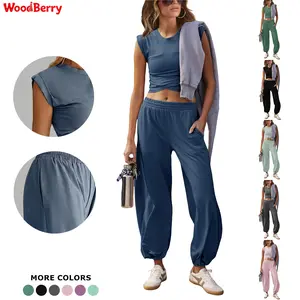 WoodBerry Women's Two-Piece Lounge Sets Workout Cropped Top Tee High Rise Sweatpants Outfits Casual Sweatsuits Suit Athletic Tracksuits With Pockets,summervibes