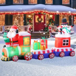 Christmas Inflatable Train with Santa Snowman & Penguin Built-in LED Lights Includes Gift Boxes Blow-Up Decor for Outdoor Garden Lawn Yard & Christmas Party Holiday Decorations - Set
